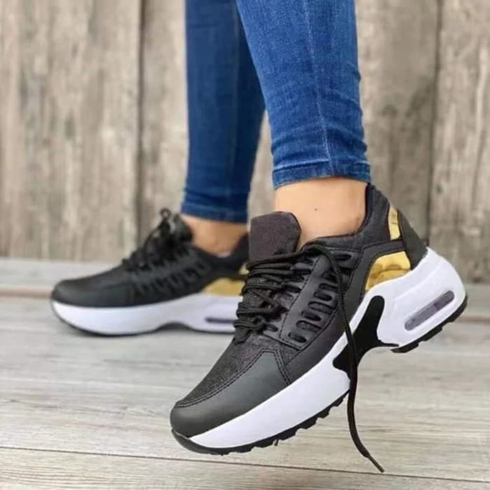 Women's Air Cushion Walking Sneakers with Lace-Up Front - Marisol - Black