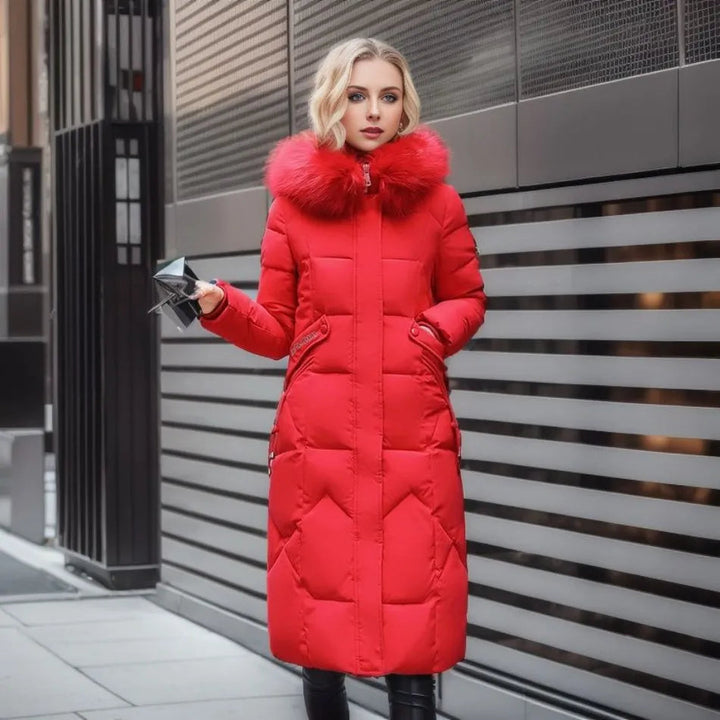 Women's Long Quilted Down Coat in Red