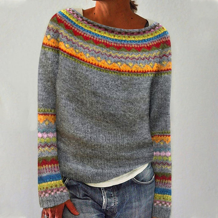 Women's Crew-Neck Knit Jumper in Grey / Orange