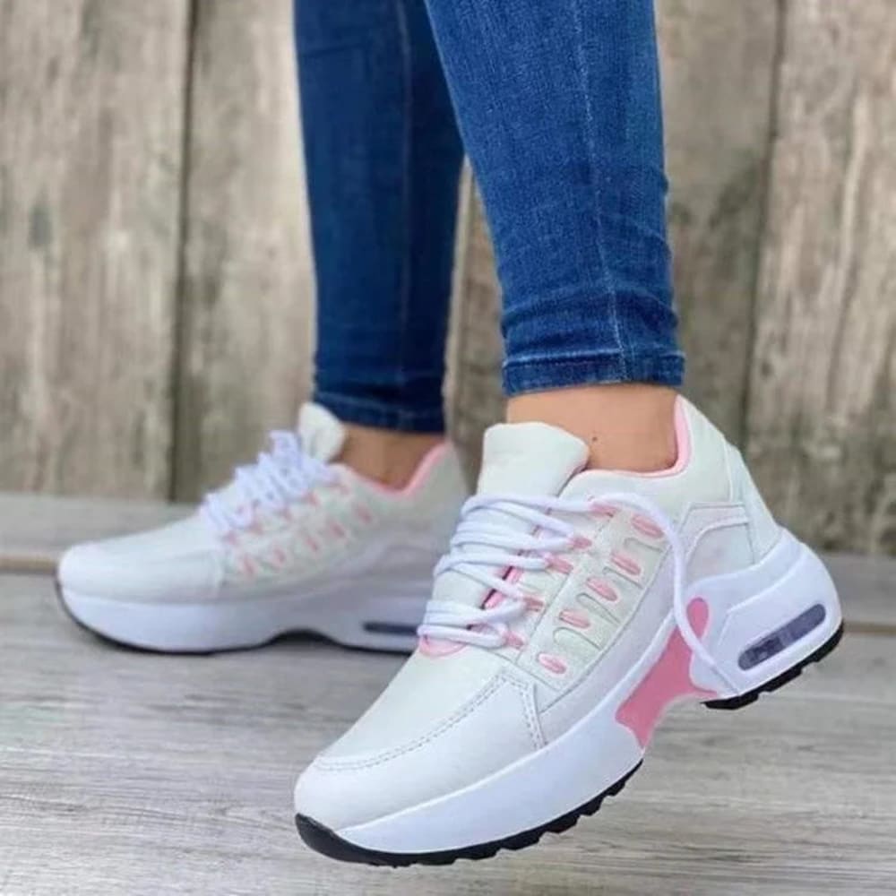 Women's Air Cushion Walking Sneakers with Lace-Up Front - Marisol - White Pink