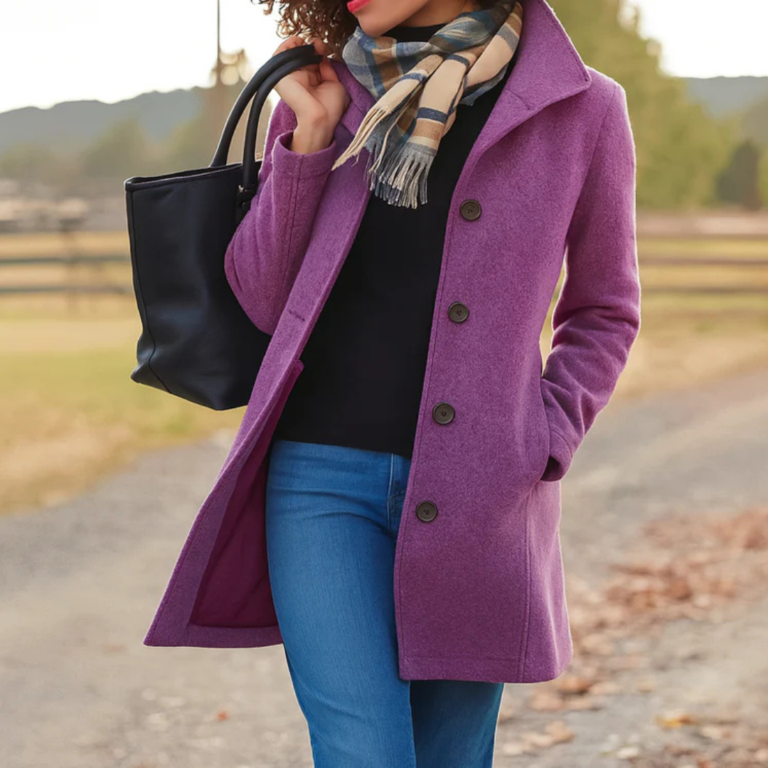 Women's Classic Buttoned Winter Coat in Purple