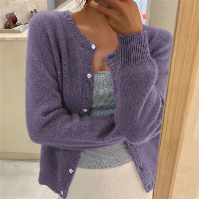 Women's Crew-Neck Cardigan in Purple