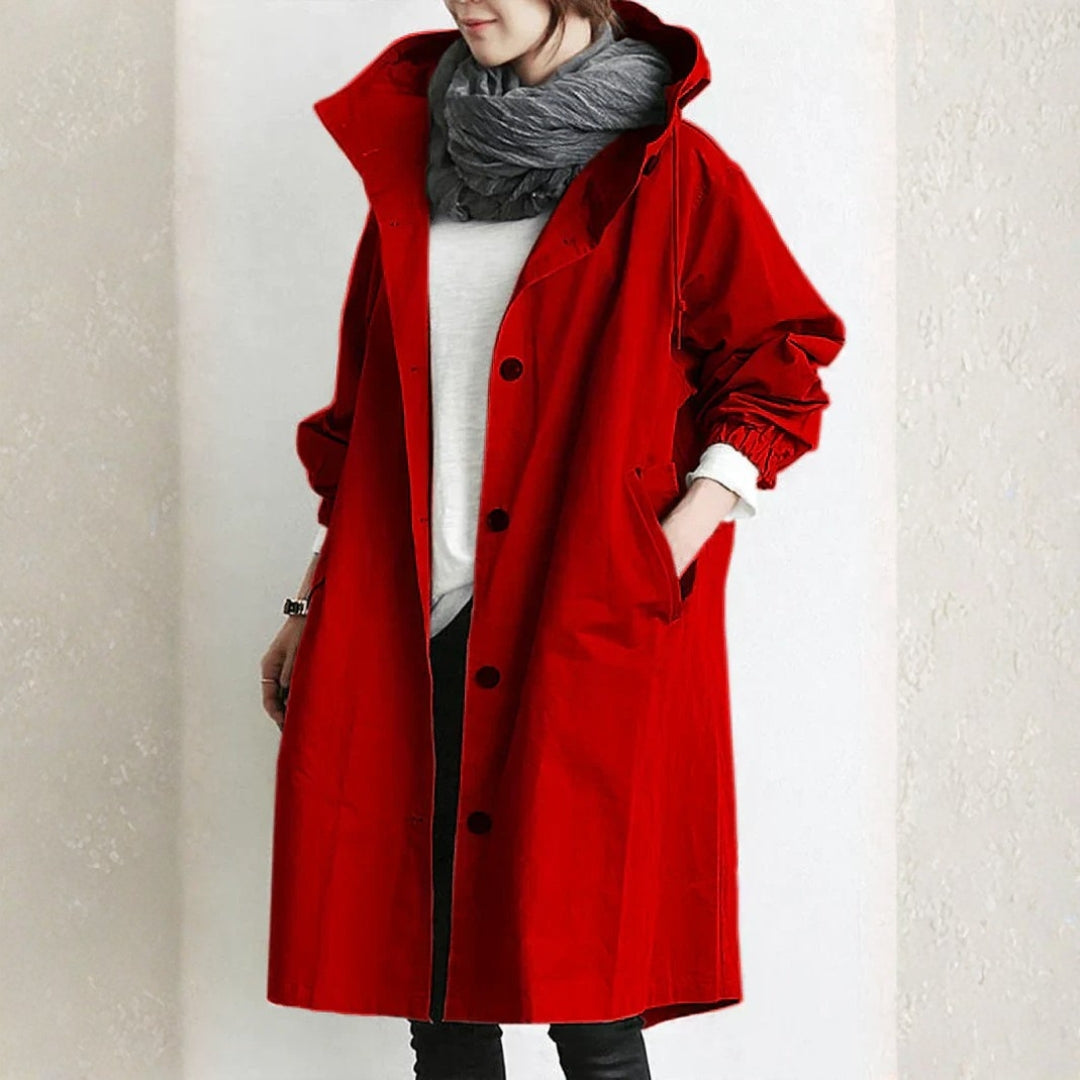 Women's long button street coat in Red
