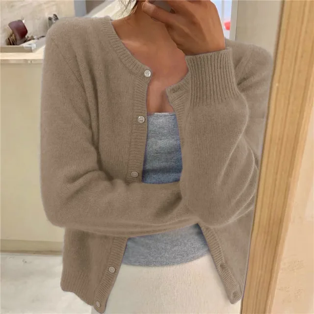 Women's Crew-Neck Cardigan in Khaki