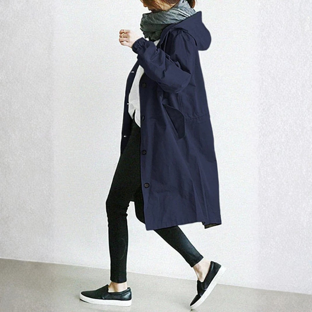 Women's long button street coat in Blue