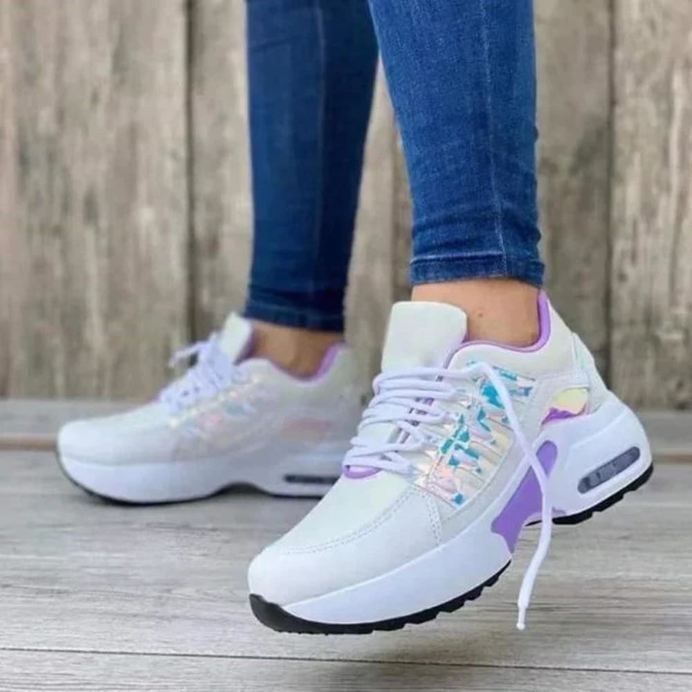 Women's Air Cushion Walking Sneakers with Lace-Up Front - Marisol - White Lilac