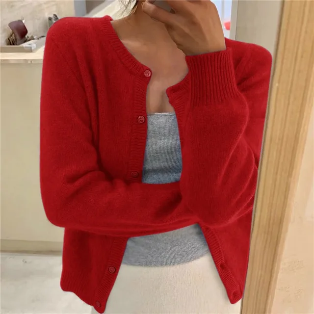 Women's Crew-Neck Cardigan in Red