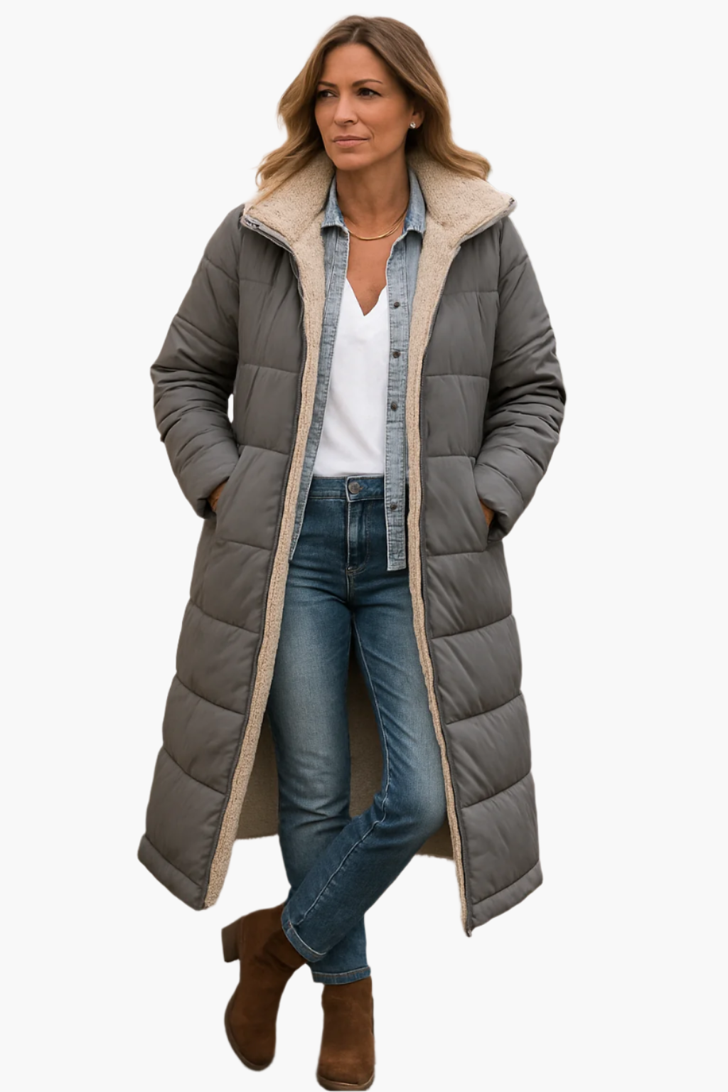 Women's hooded longline winter puffer jacket in Grey