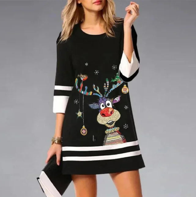Women's Reindeer Print Christmas Dress in Black 1