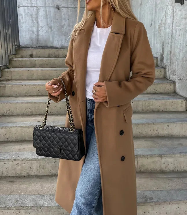 Women's Long Double-Breasted Winter Coat in Light Brown