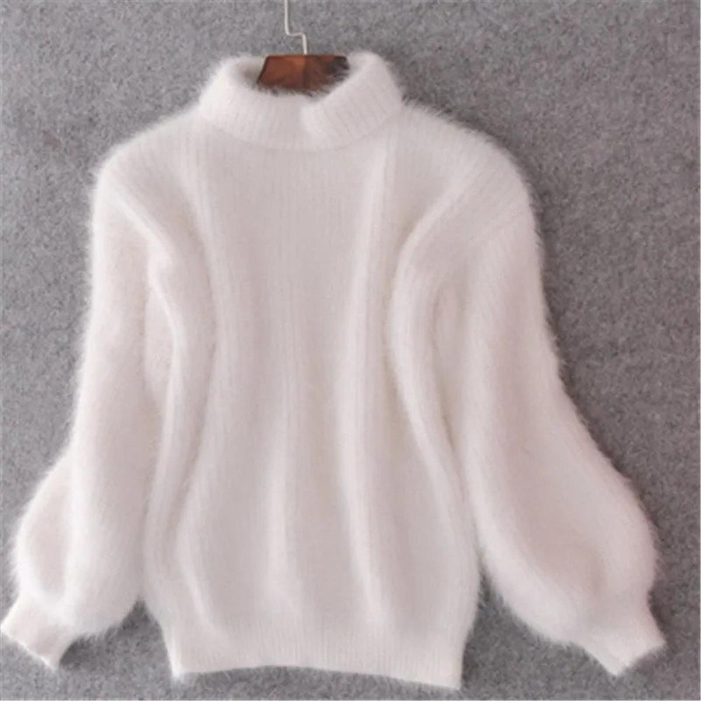 Women's fluffy high-collar winter jumper in White