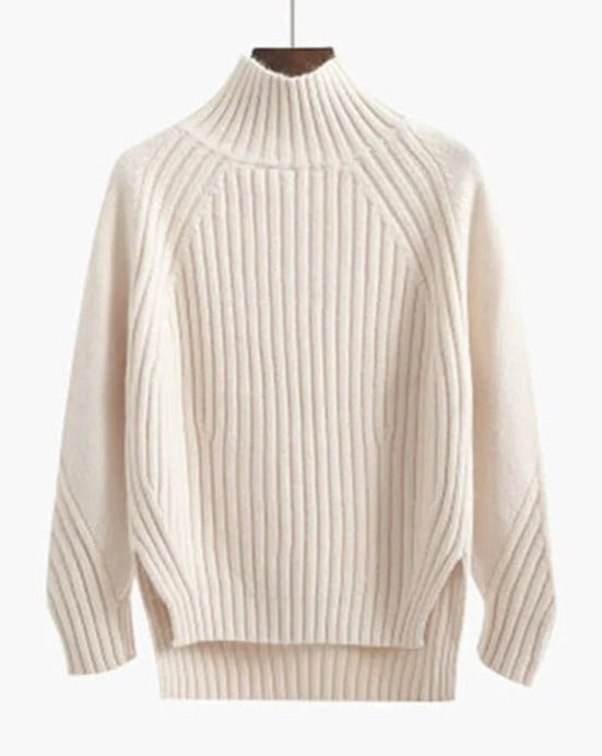 Women's Ribbed High-Neck Winter Jumper in Beige