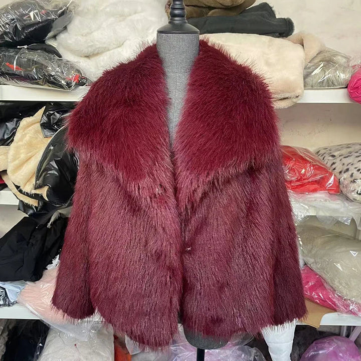Women's Short Faux-Fur Winter Jacket in Burgundy