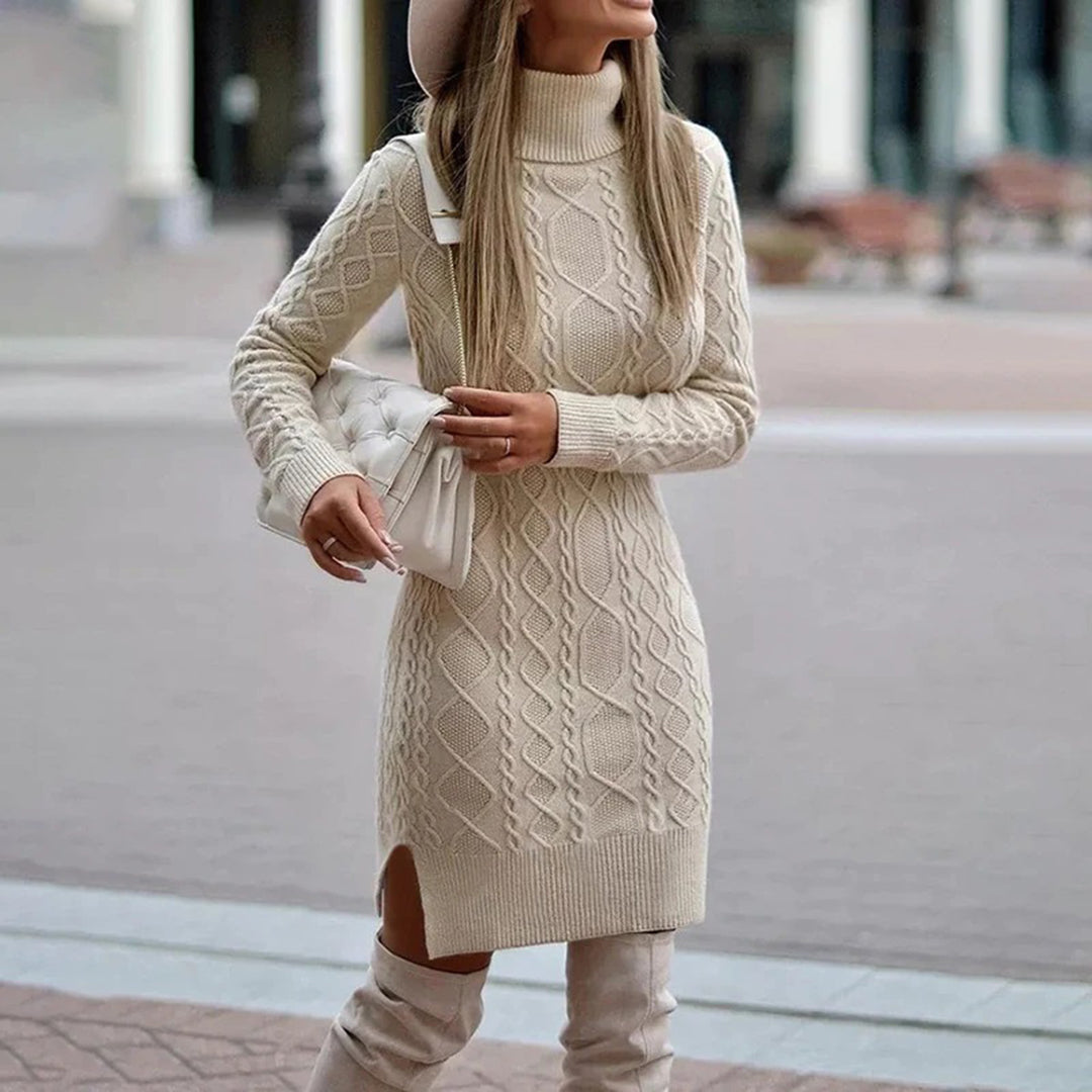 Women's Cable-Knit Roll-Neck Jumper Dress in Beige