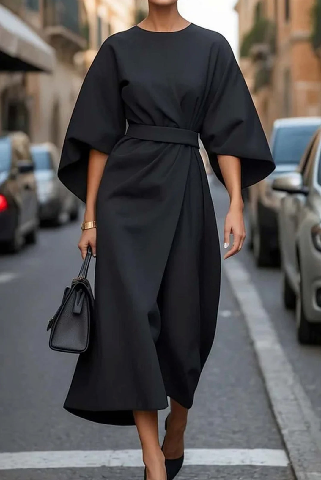 Women's Belted Midi Dress - Clotilde - Black