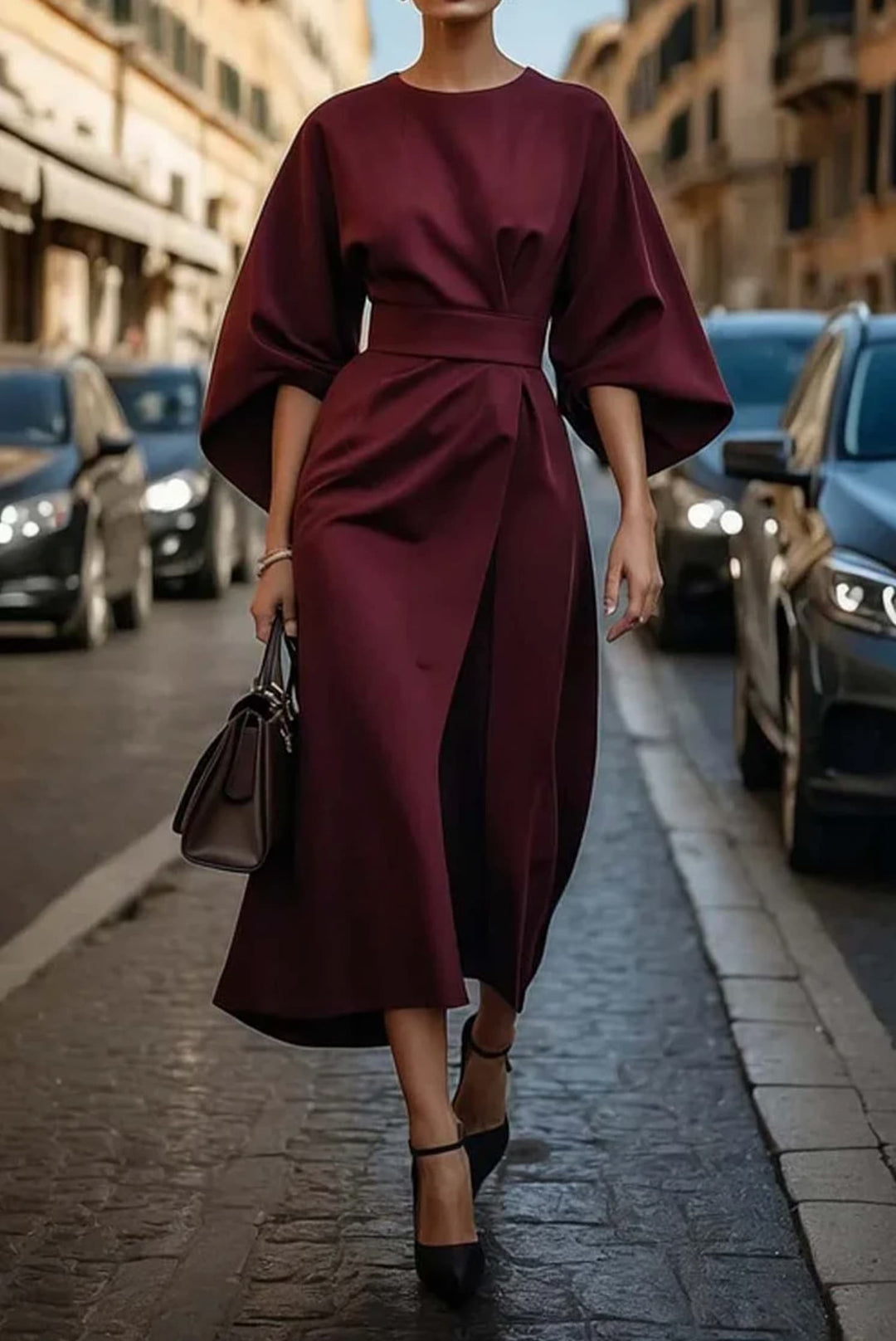 Women's Belted Midi Dress - Clotilde - Burgundy