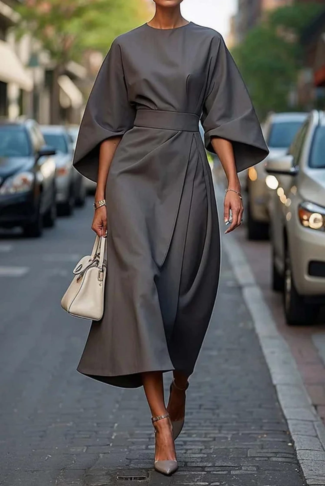 Women's Belted Midi Dress - Clotilde - Grey