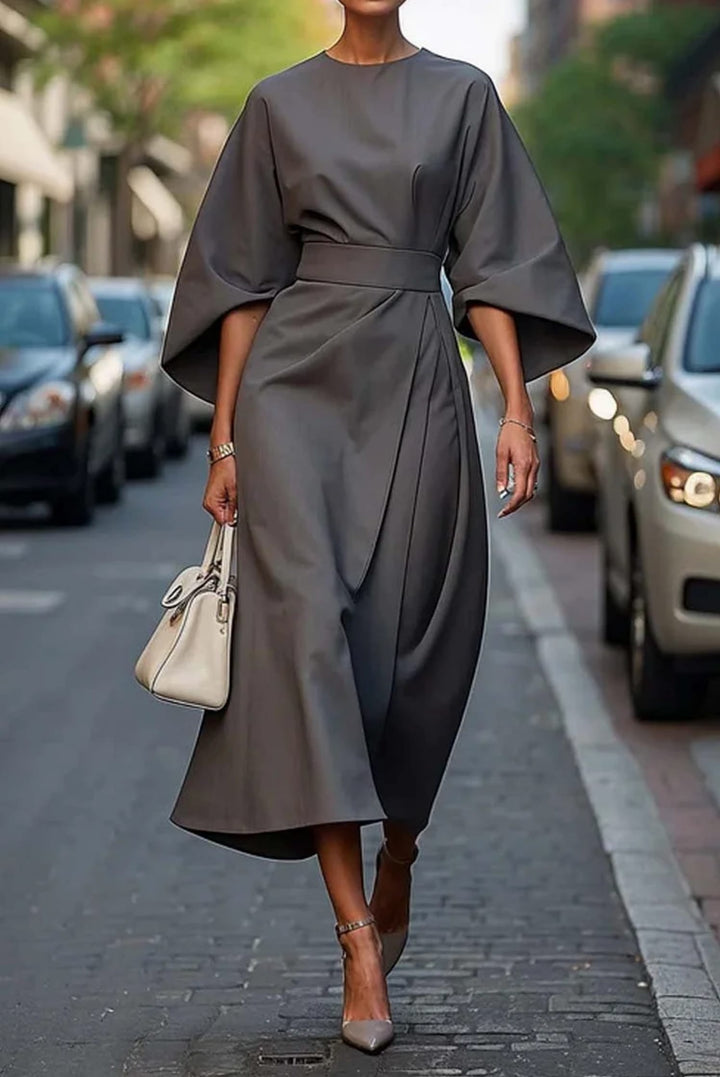 Women's Belted Midi Dress - Clotilde - Grey