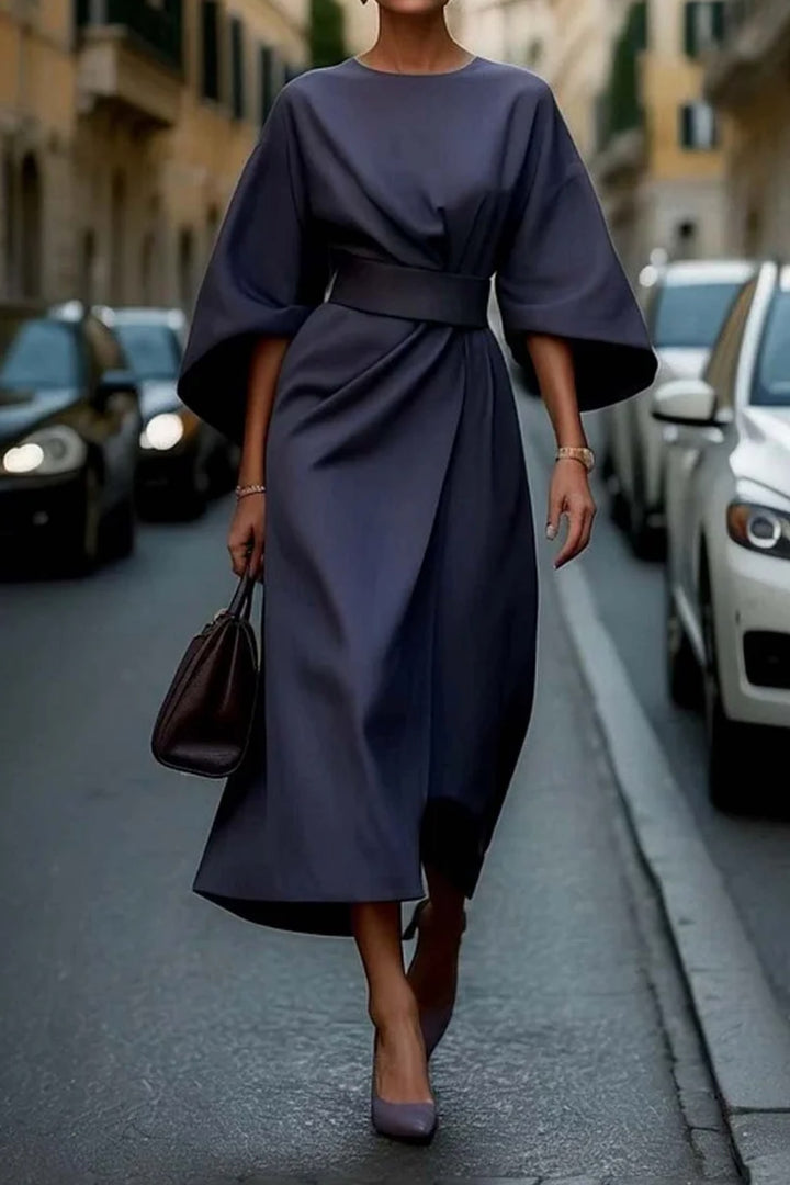 Women's Belted Midi Dress - Clotilde - Navy