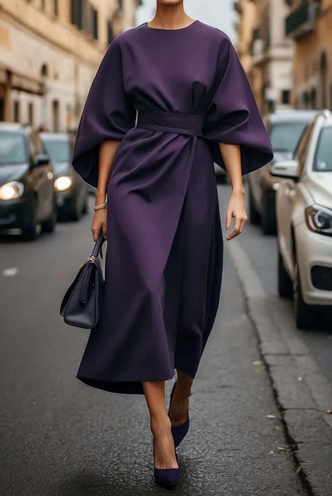 Women's Belted Midi Dress - Clotilde - Purple