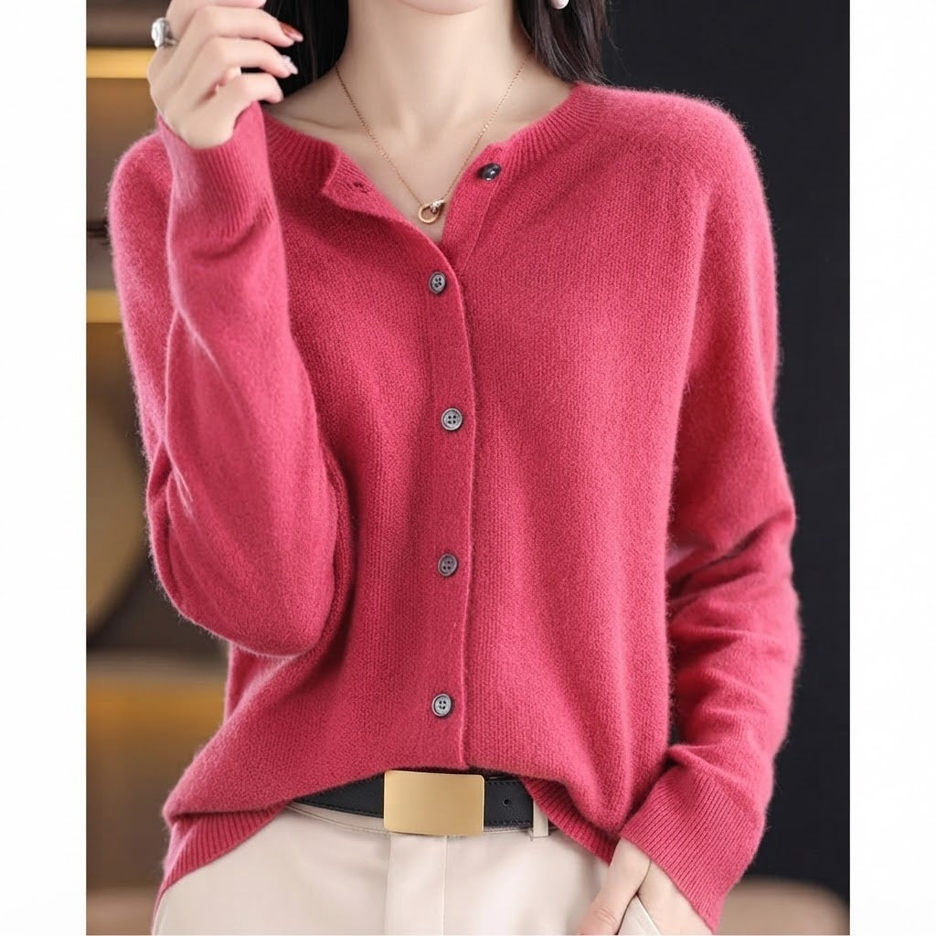 Women's Button-Front Crew Neck Cardigan - Zinnia - Hot Pink