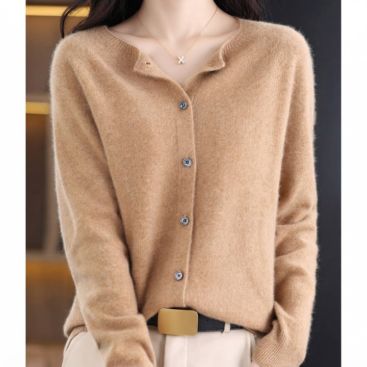 Women's Button-Front Crew Neck Cardigan - Zinnia - Camel