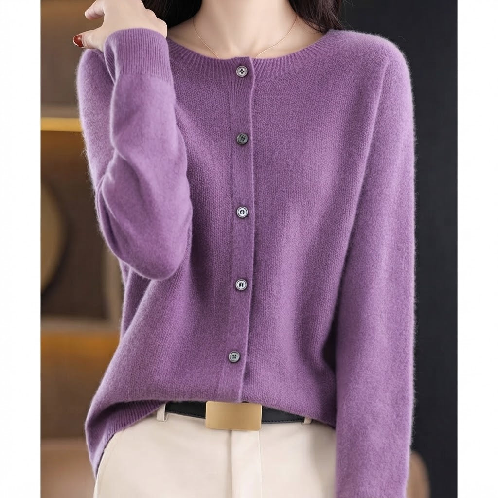 Women's Button-Front Crew Neck Cardigan - Zinnia - Purple