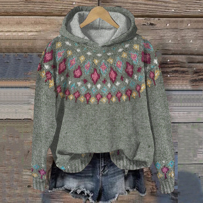 Women's Patterned Winter Knit Hoodie in Grey