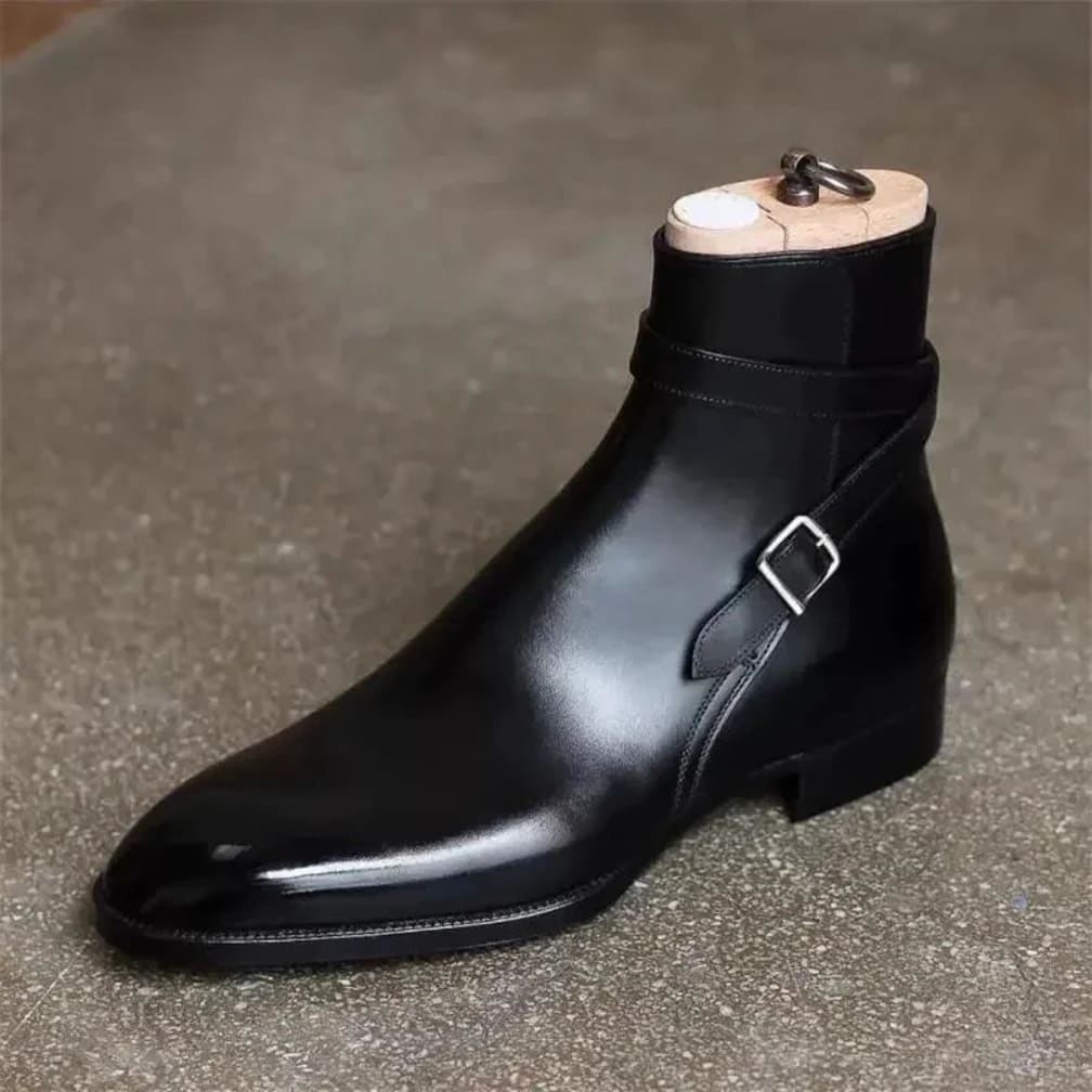 Men's Buckle-Strap Ankle Boots with Pointed Toe and Low Heel - Lorcan - Black