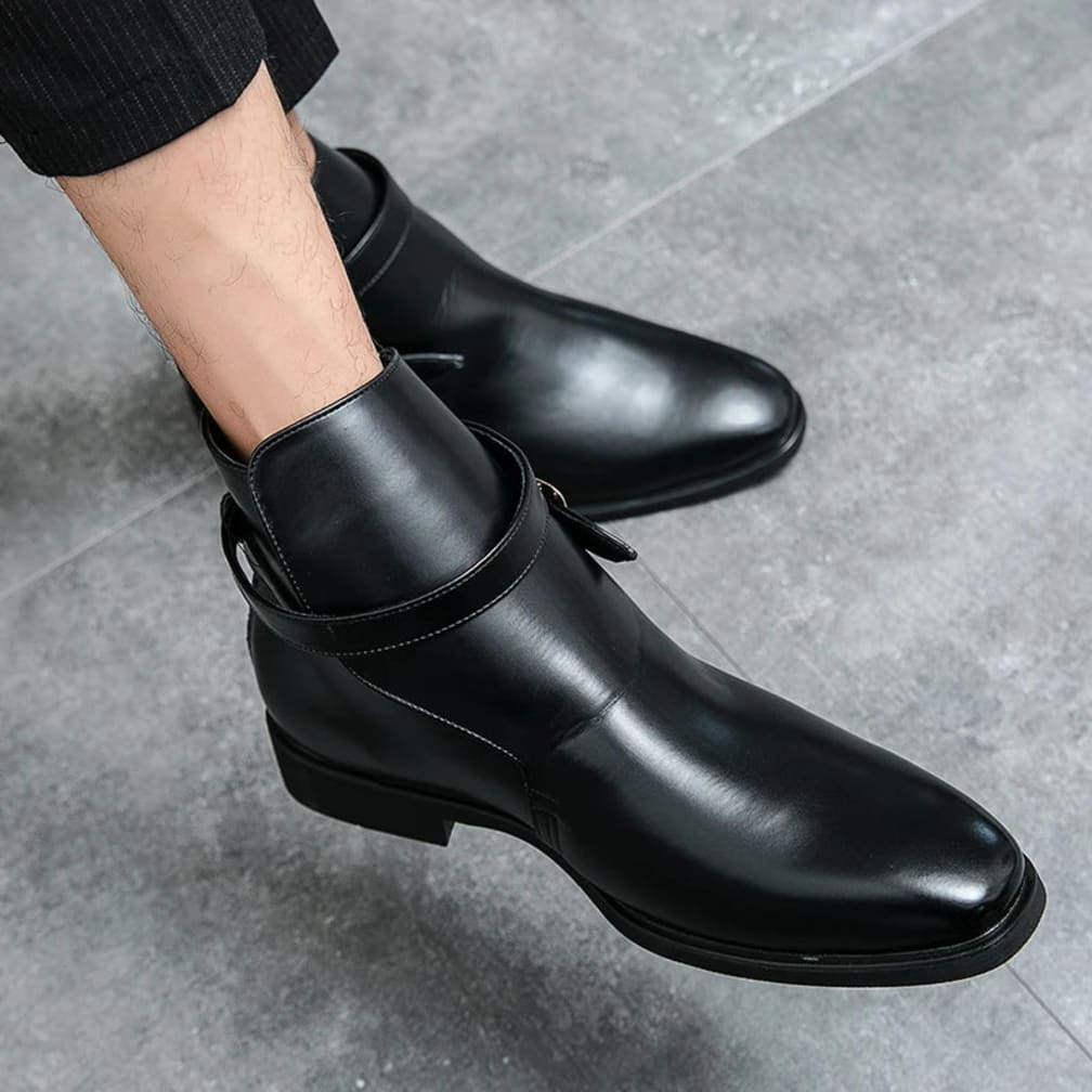 Men's Buckle-Strap Ankle Boots with Pointed Toe and Low Heel - Lorcan - Black