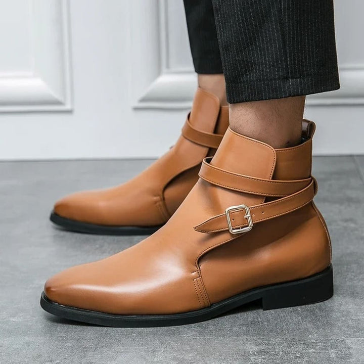 Men's Buckle-Strap Ankle Boots with Pointed Toe and Low Heel - Lorcan - Tan