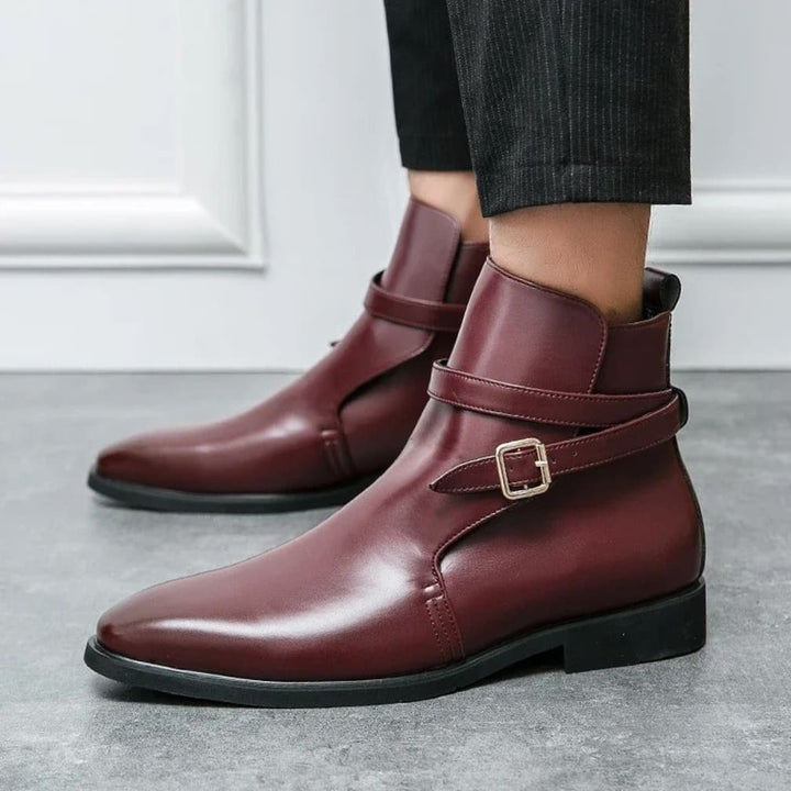Men's Buckle-Strap Ankle Boots with Pointed Toe and Low Heel - Lorcan - Oxblood