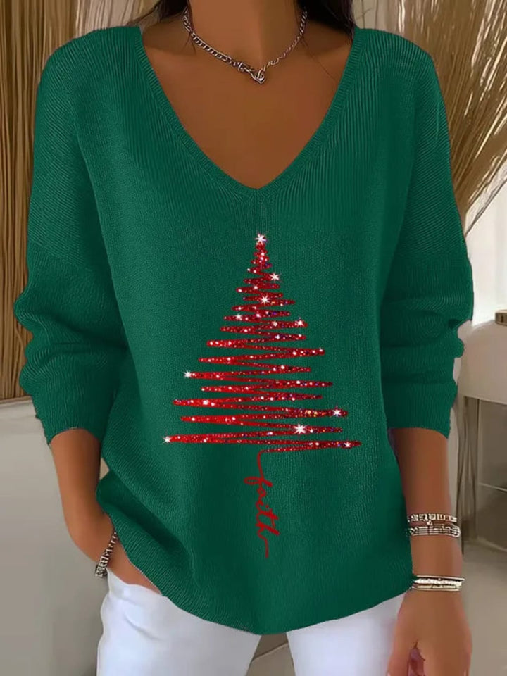 Women's Christmas Print V-Neck Sweater with Long Sleeves and Festive Graphics - Carol - Green Tree Print