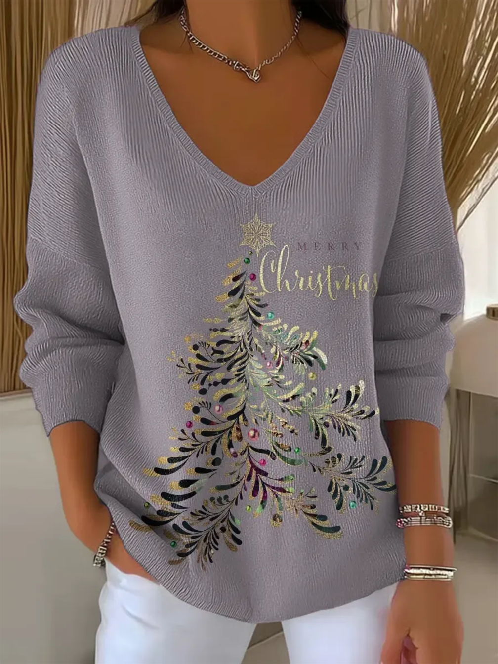 Women's Christmas Print V-Neck Sweater with Long Sleeves and Festive Graphics - Carol - Grey Christmas Tree