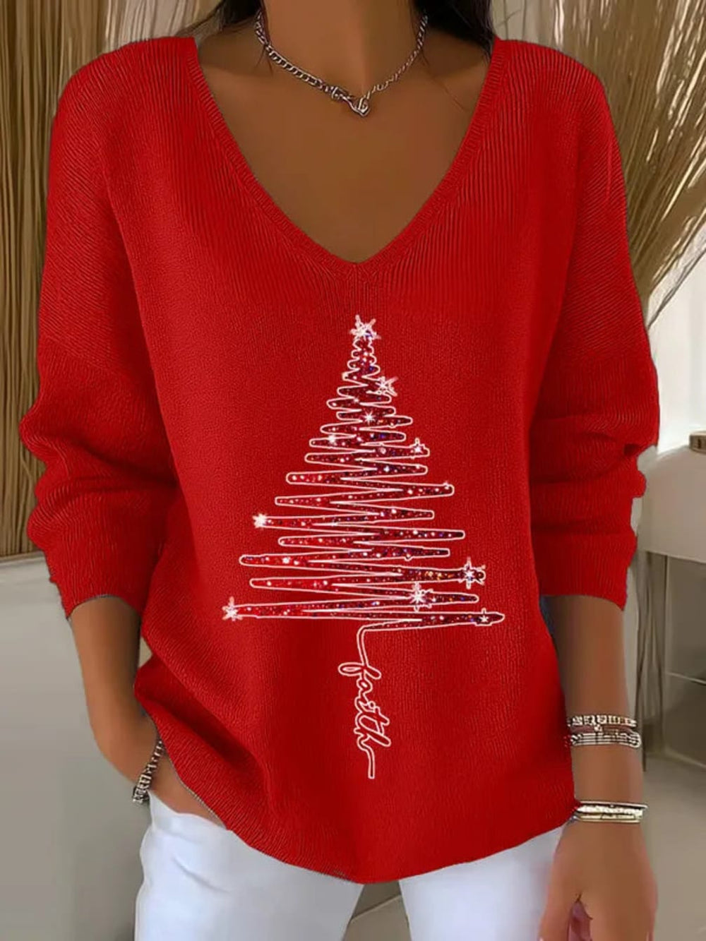 Women's Christmas Print V-Neck Sweater with Long Sleeves and Festive Graphics - Carol - Red Tree Print