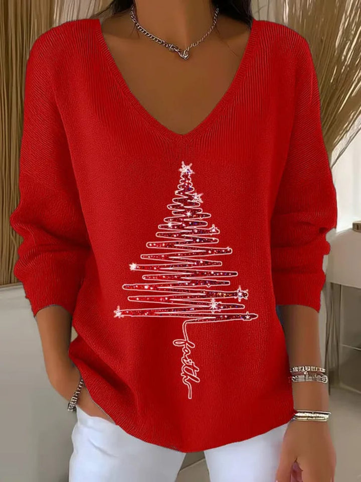 Women's Christmas Print V-Neck Sweater with Long Sleeves and Festive Graphics - Carol - Red Tree Print