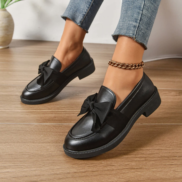 Women's Glossy Slip-On Loafers with Oversized Bow and Low Heel - Bellamy - Hot Pink