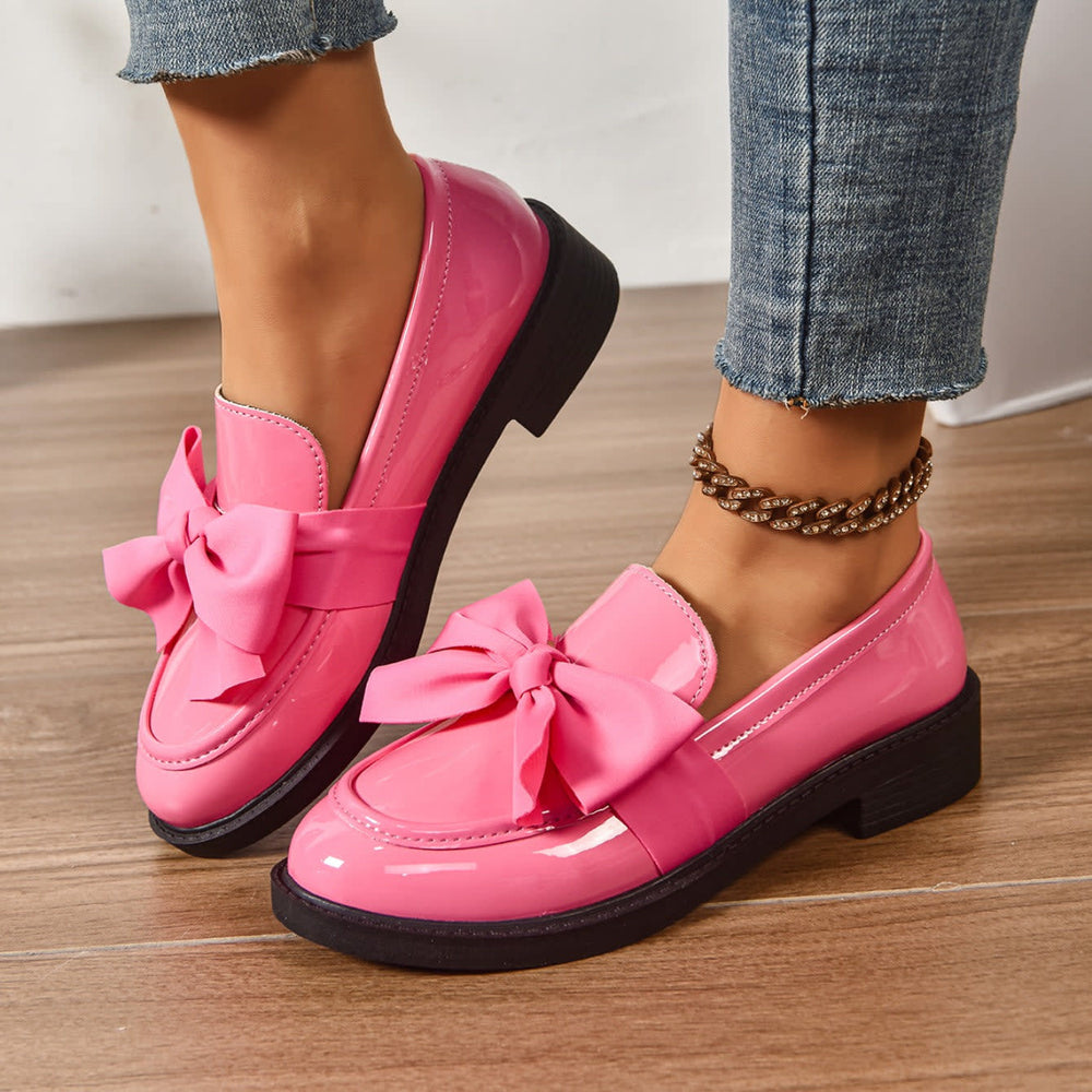 Women's Glossy Slip-On Loafers with Oversized Bow and Low Heel - Bellamy - Hot Pink
