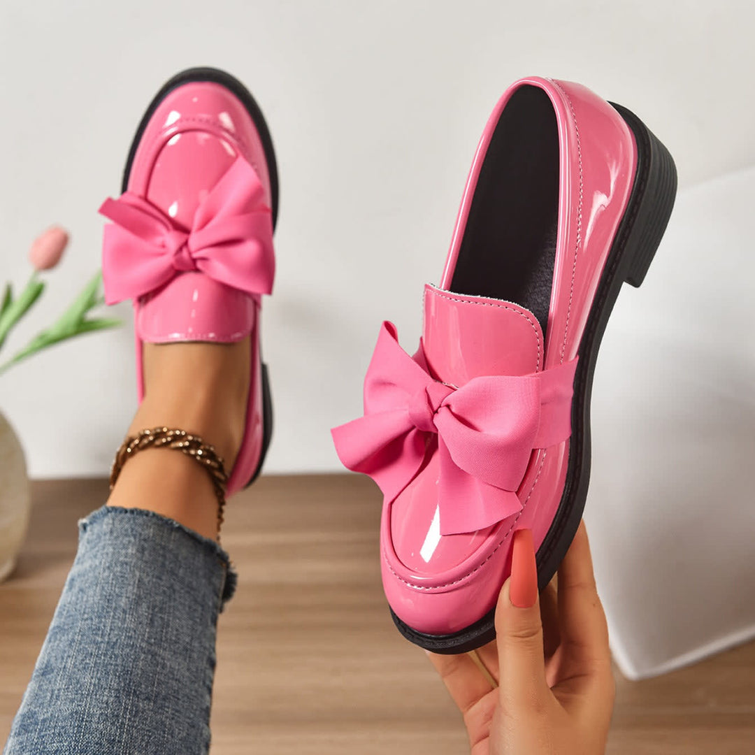 Women's Glossy Slip-On Loafers with Oversized Bow and Low Heel - Bellamy - Hot Pink