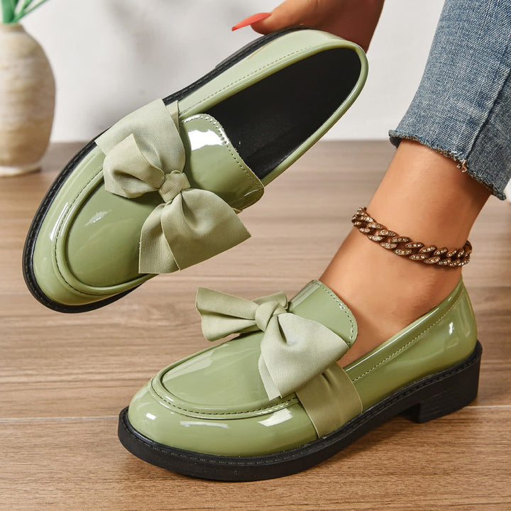 Women's Glossy Slip-On Loafers with Oversized Bow and Low Heel - Bellamy - Sage Green