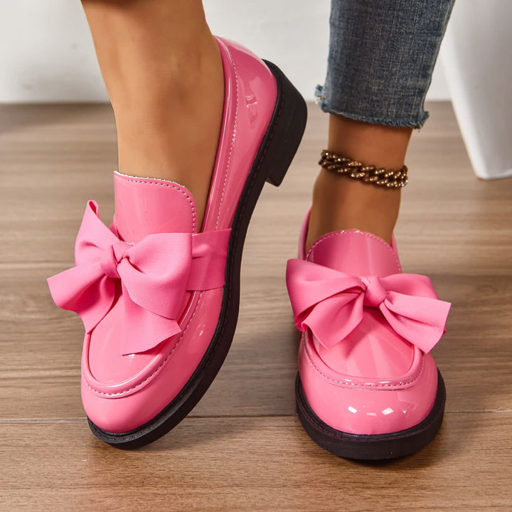 Women's Glossy Slip-On Loafers with Oversized Bow and Low Heel - Bellamy - Hot Pink