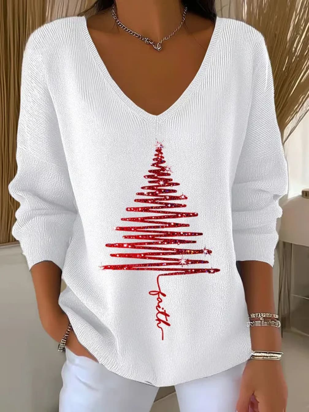 Women's Christmas Print V-Neck Sweater with Long Sleeves and Festive Graphics - Carol - White Tree Print