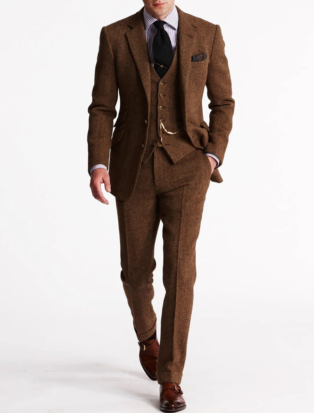 Men's Slim Fit Three-Piece Suit with Waistcoat - Sylvester - Brown