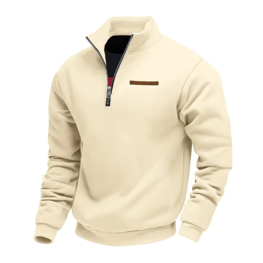 Men's Half-Zip Stand-Collar Pullover Sweatshirt with Chest Patch - Horatio - Cream