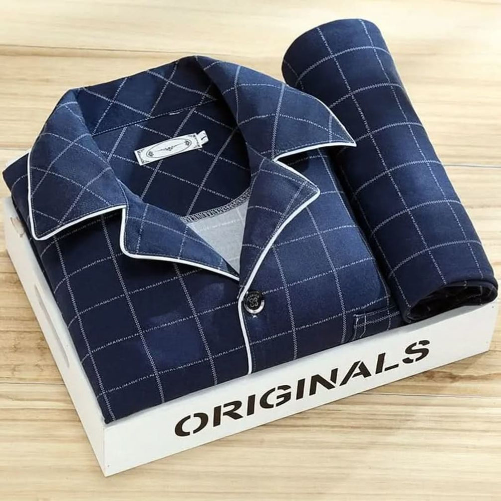 Men's Button-Up Pyjama Set with Long-Sleeve Shirt and Trousers - Crispin - Navy Check