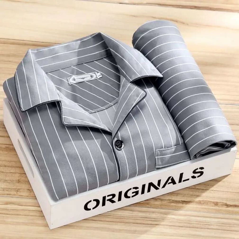 Men's Button-Up Pyjama Set with Long-Sleeve Shirt and Trousers - Crispin - Grey Stripe