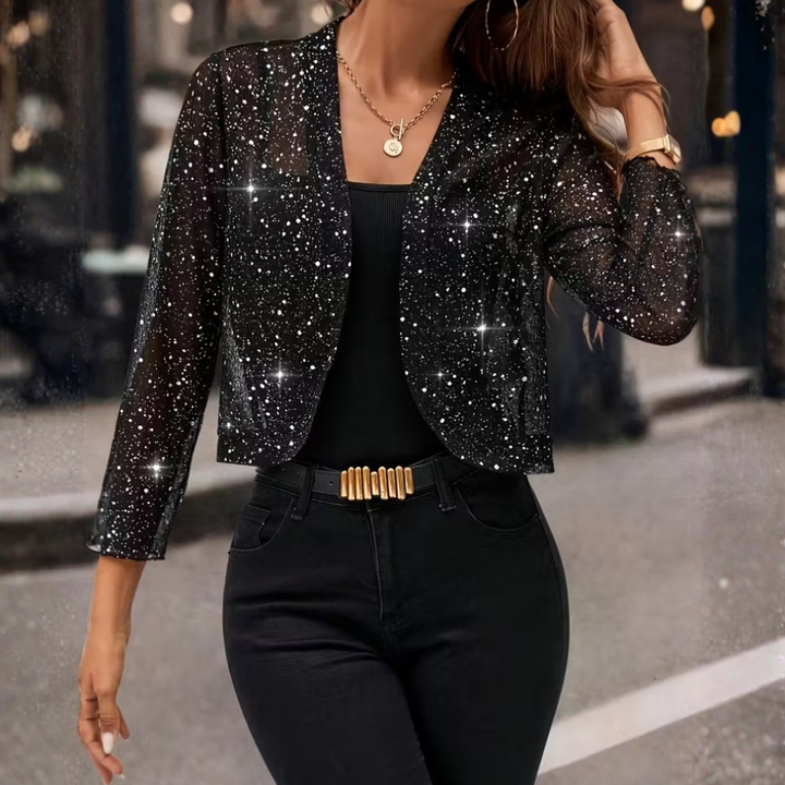 Women's Sequin Open-Front Cropped Cardigan - Seraphine - Charcoal
