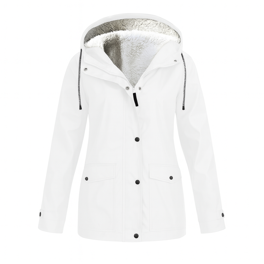 Women's Hooded Winter Jacket with Fleece-Lined Hood and Flap Pockets - Tamar - White