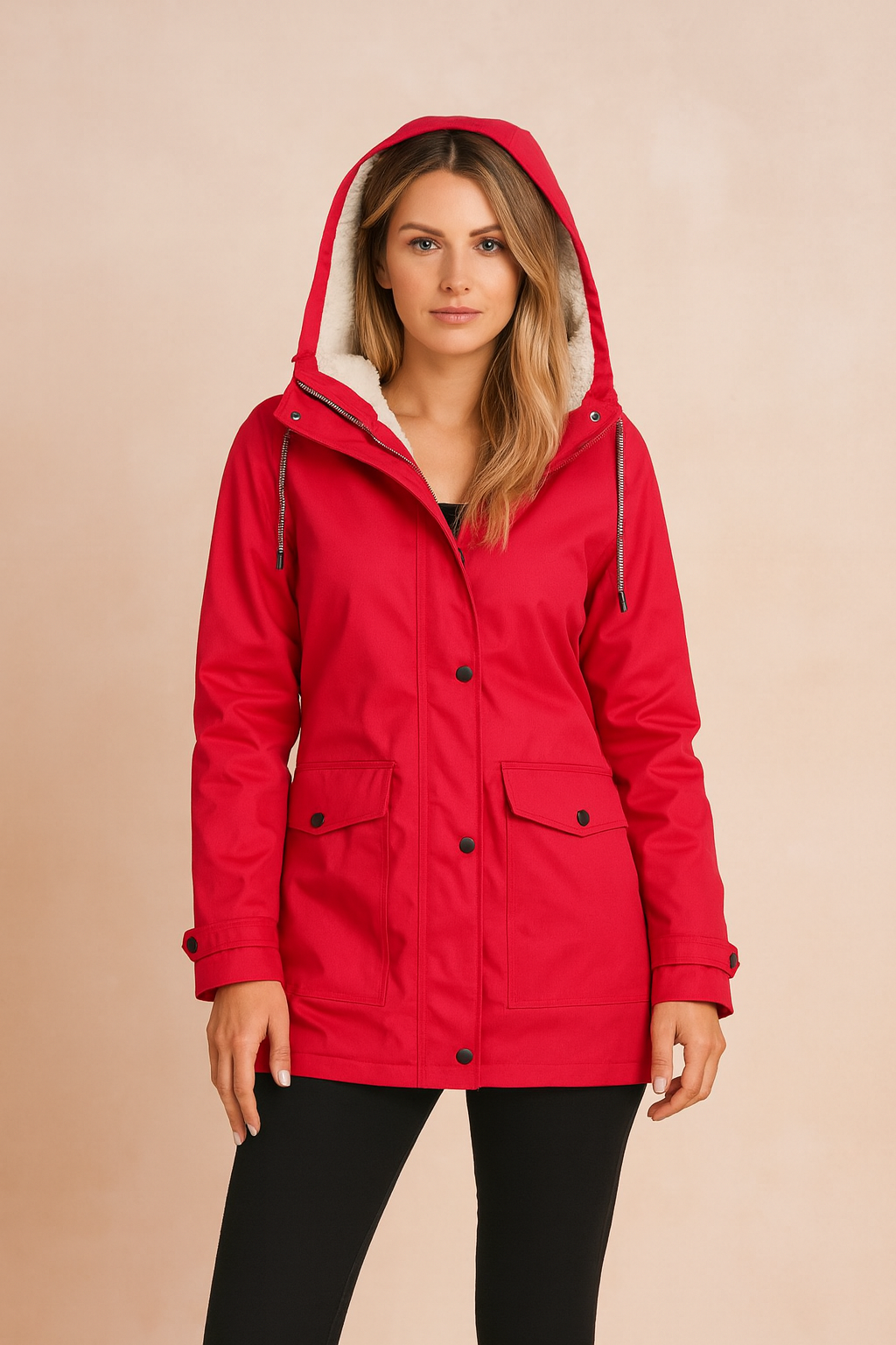 Women's Hooded Winter Jacket with Fleece-Lined Hood and Flap Pockets - Tamar - Red