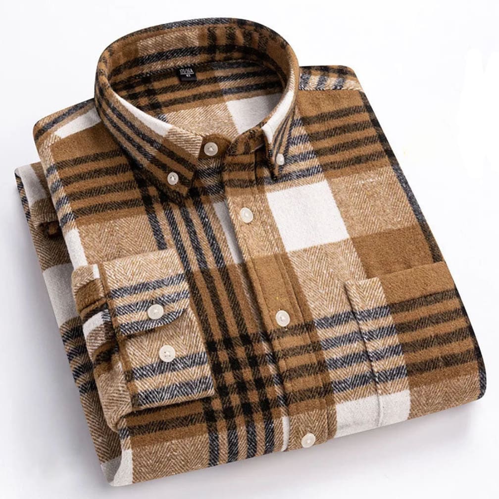 Men's Brushed Plaid Button-Down Shirt with Chest Pocket and Long Sleeves - Leander - Camel Check